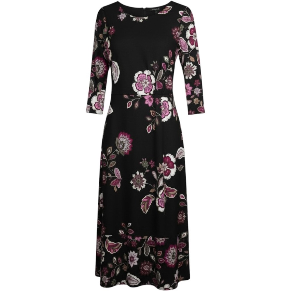 Talbots Womens Black Pink Floral 3/4 Sleeve A-Line Midi Dress Size 8 NWT